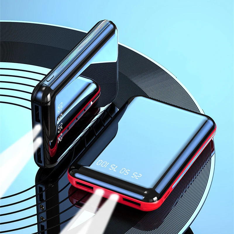 20000mAh Portable Power Bank with LED Mirror Screen, Built-In Cables & Dual USB — External Charger for Smartphones