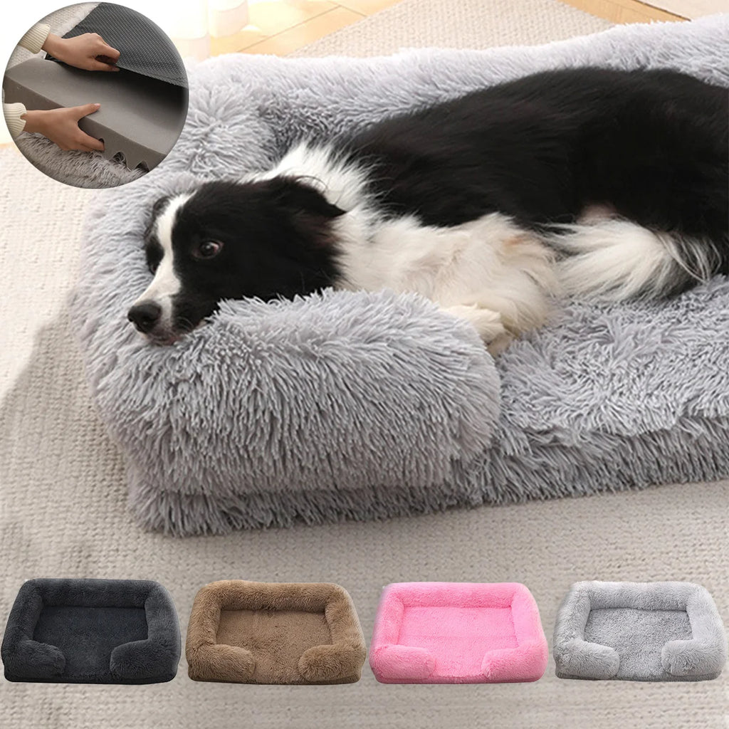 Square Plush Dog Bed with Memory Foam – Thickened Winter Pet Sofa Bed with Removable Cover (S/M/L/XL)
