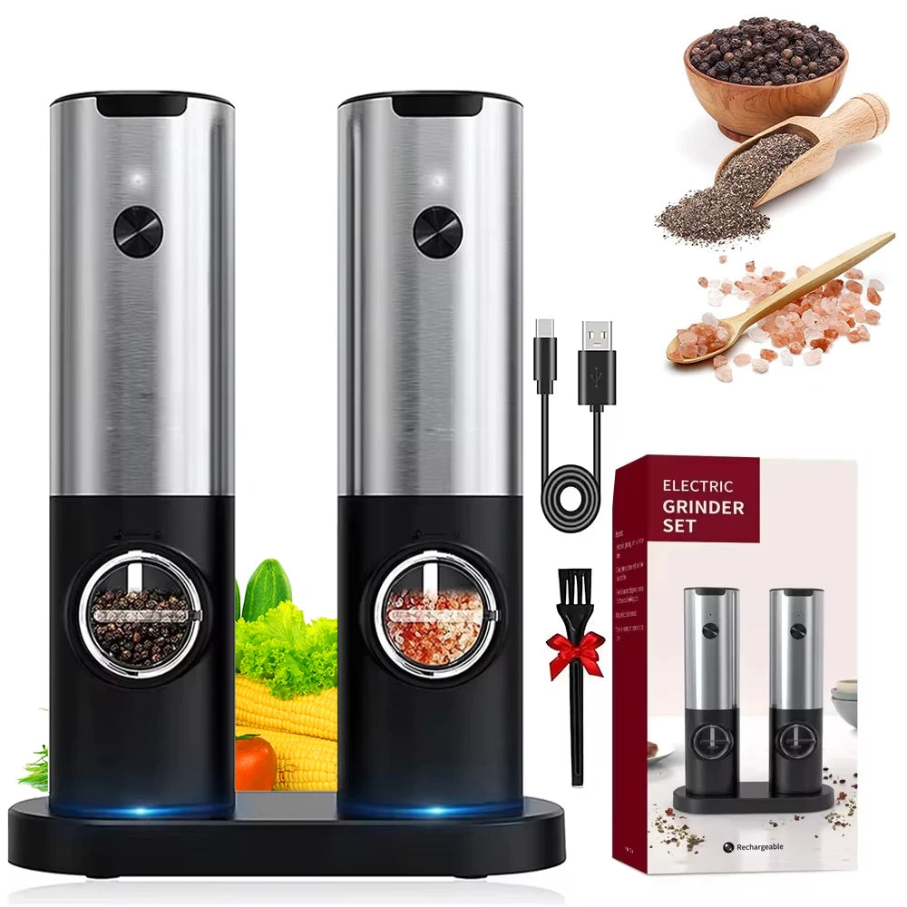 USB Rechargeable Electric Salt & Pepper Grinder Set with LED Light - Adjustable Spice Mill for Kitchen & BBQ