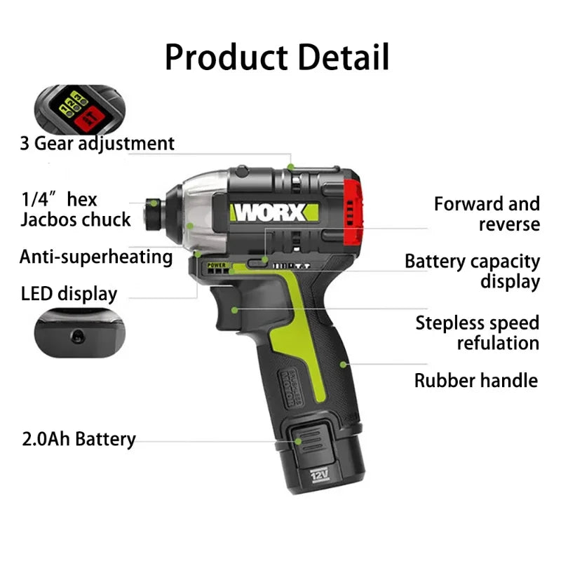 Cordless Impact Screwdriver 12V Brushless Motor 140 N·m (103 ft·lb) 3300 RPM Adjustable Torque