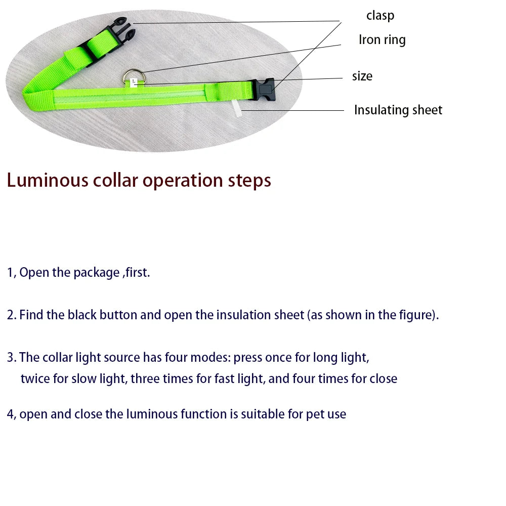 LED Luminous Nylon Dog Collar - Flashing Glow Reflective Safety Collar for Night Walks