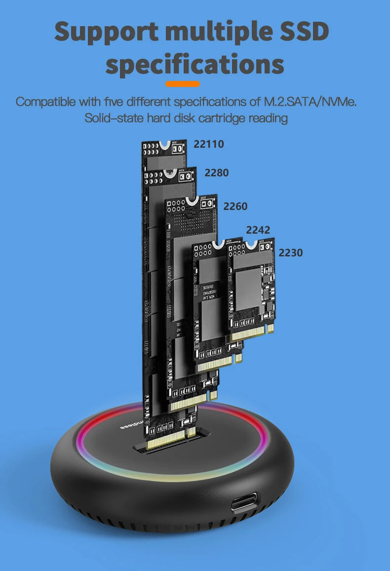 Dual-Protocol M.2 SSD Docking Station USB-C NVMe + SATA (M.2 NGFF) with RGB LED Light