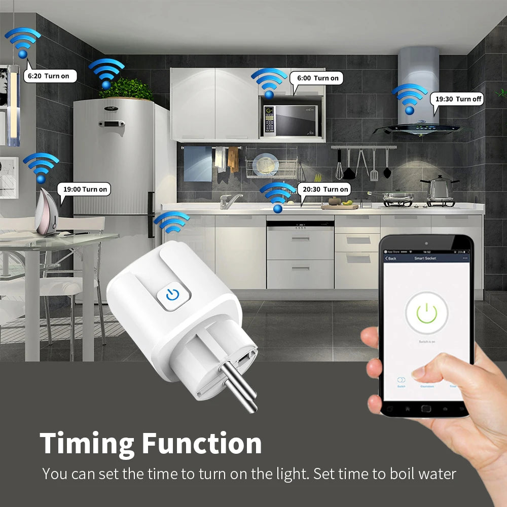 Smart WiFi Dual Outlet Wall Socket 16A/20A – Voice Control with Google & Alexa, Timer & Energy Monitoring (EU Plug)