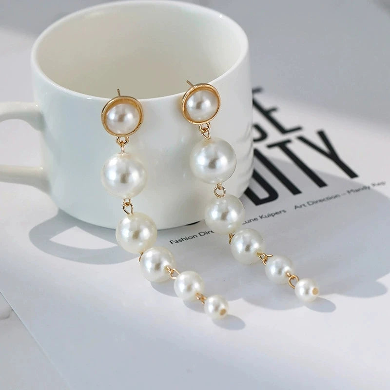 Simulated Pearl Bean Drop Earrings – Long Dangle Gold & Silver Earrings for Women