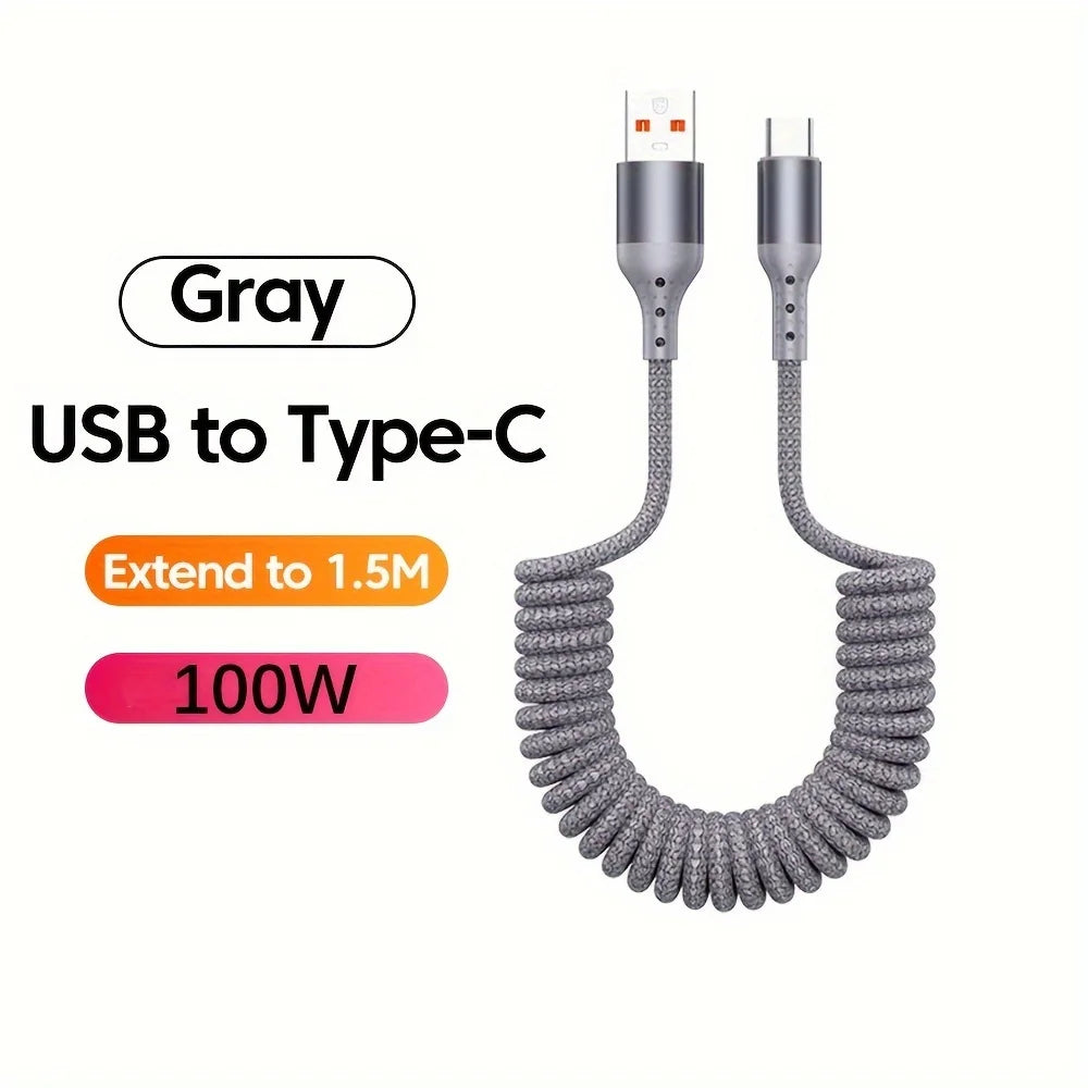 100W USB-C Coiled Car Fast Charging Cable – PD 100W Fast Charge & 60W Data Sync, USB 3.1 Type-C