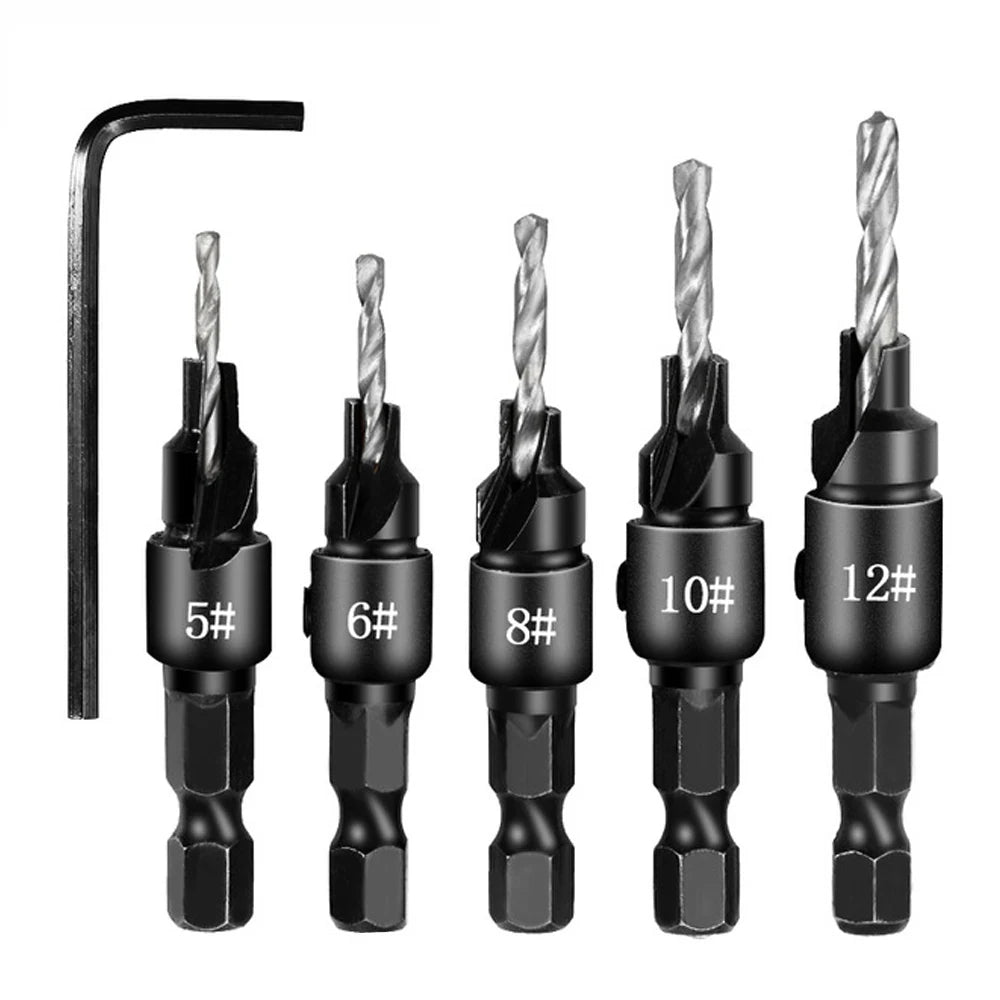 5pc Hex Shank Countersink & Taper Drill Bit Set for Wood (56–69mm) – Screw Hole Opener & Reamer