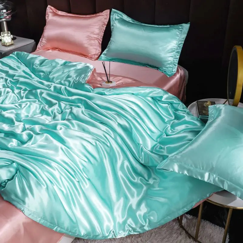 Ice Silk Satin 4-Piece Duvet Cover Set – Silky Solid Color Bedding (Duvet Cover + 2 Pillowcases + Sheet), Fits 1.5–2.2 m (5–7 ft) Beds