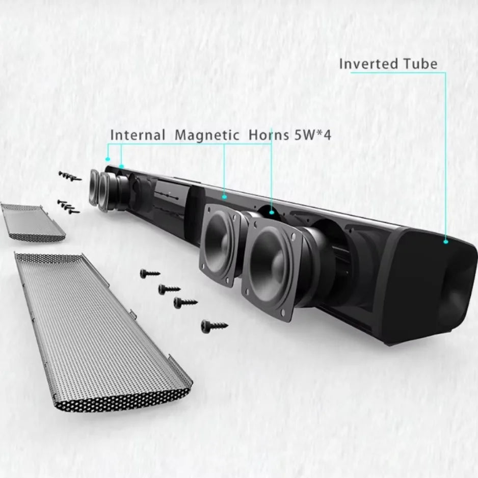 Bluetooth 5.3 Portable Stereo Soundbar Speaker 2.0 Channel, Battery Powered Home Cinema with Remote, RCA AUX & TF Card Support