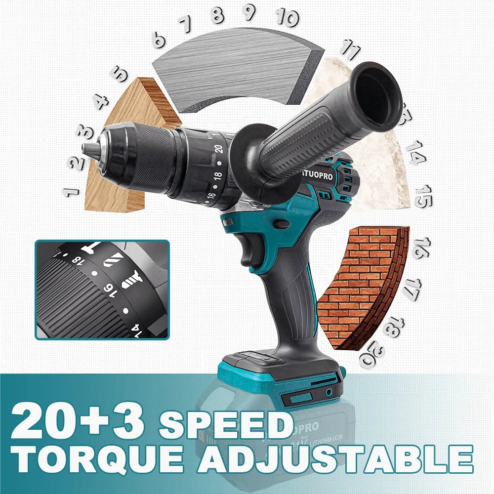 13mm (1/2") Brushless Cordless Impact Drill 20+3 Torque Settings 18V Battery Compatible 80 N.m