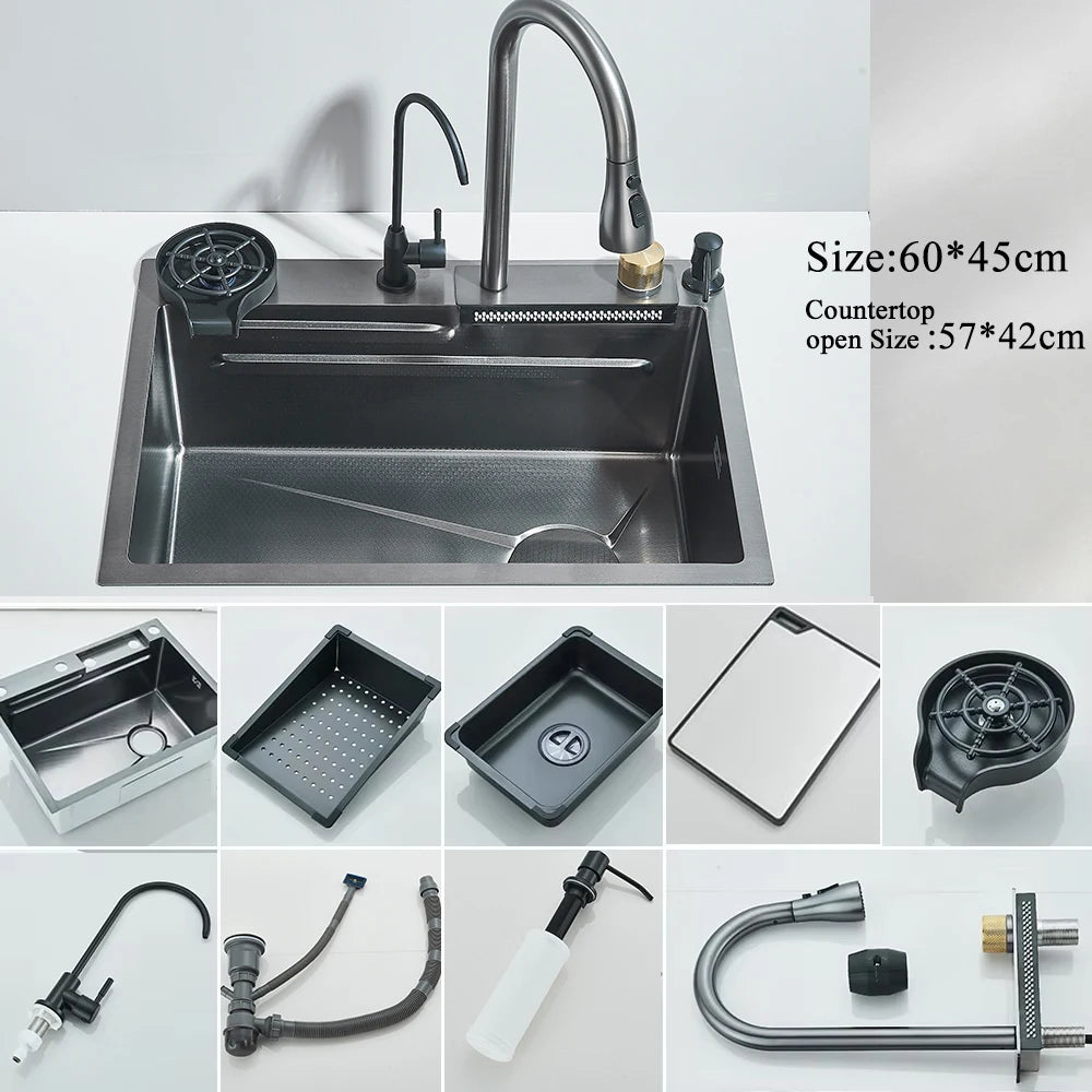 304 Stainless Steel Undermount Kitchen Sink Single Bowl 75 x 45 cm (29.5 x 17.7 in) Brushed Finish with Waterfall Faucet, Digital Display and Soap Dispenser