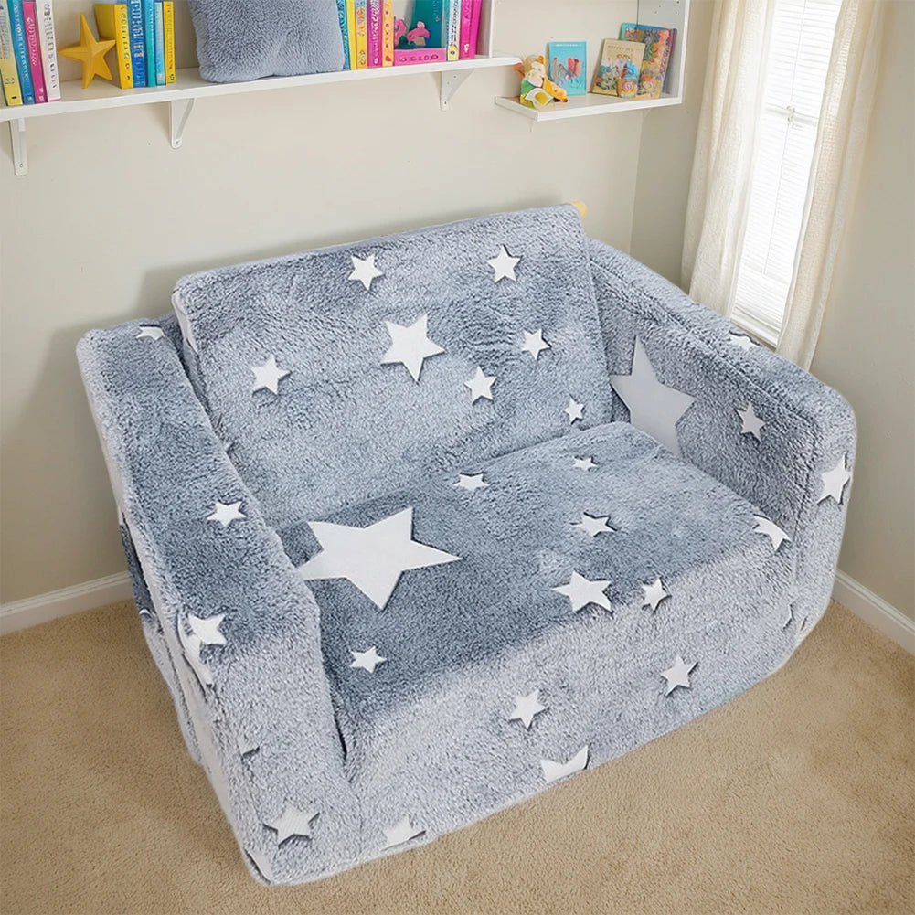 2-in-1 Foldable Toddler Sofa Chair Glow-in-the-Dark Plush Kids Couch and Recliner