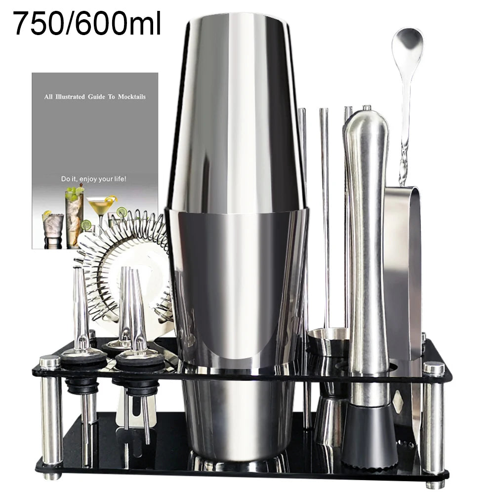 13-22 Pc Boston Cocktail Bar Tool Set – Stainless Steel Shakers 750ml/600ml with Acrylic Holder