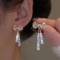 Gold Tone Rhinestone Bow Dangle Stud Earrings, Dainty Gift for Women