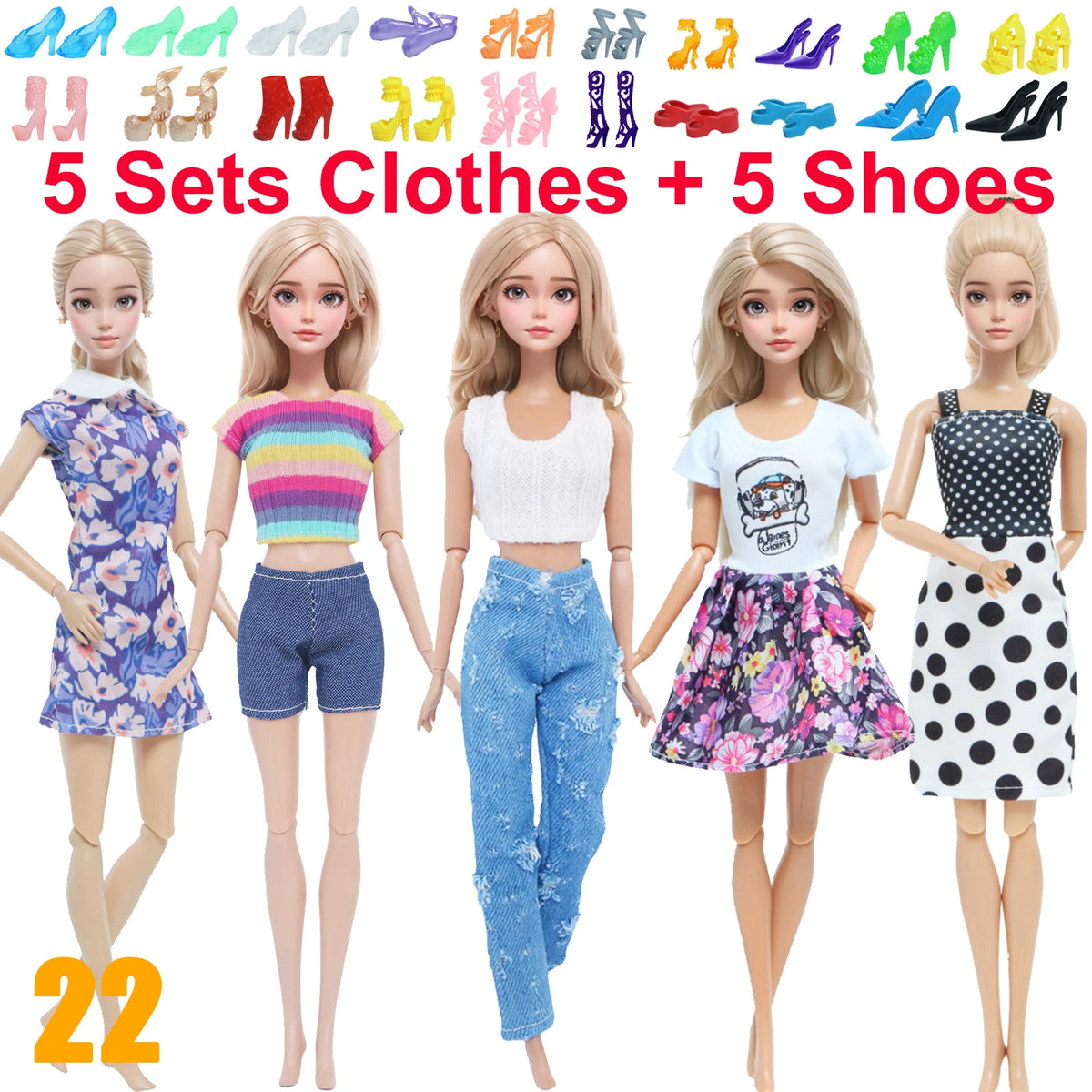 10-Piece 1/6 Scale Doll Clothes Set for 11.5–12 in (30 cm) Dolls — Dresses, Shirts, Pants & Shoes
