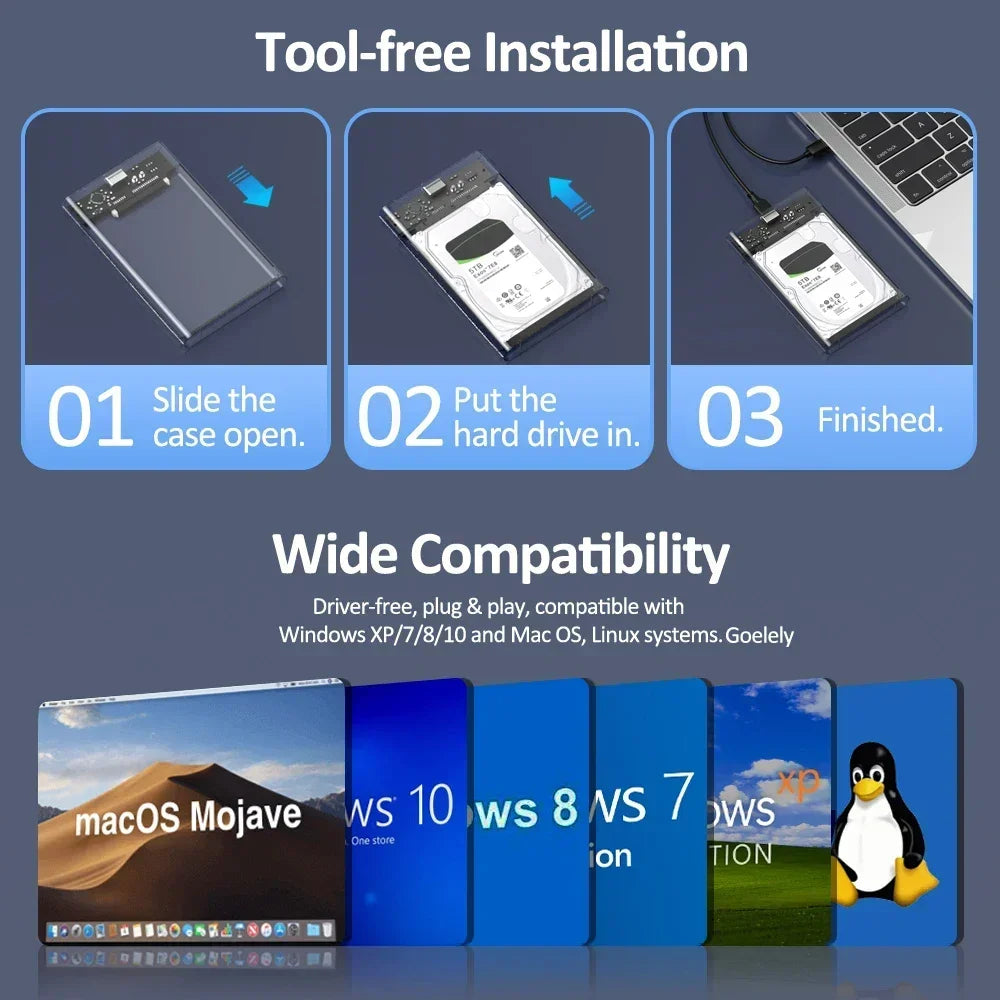 USB 3.0 2.5-Inch (63.5 mm) Transparent HDD/SSD Enclosure — SATA to USB 5Gbps, Tool-Free
