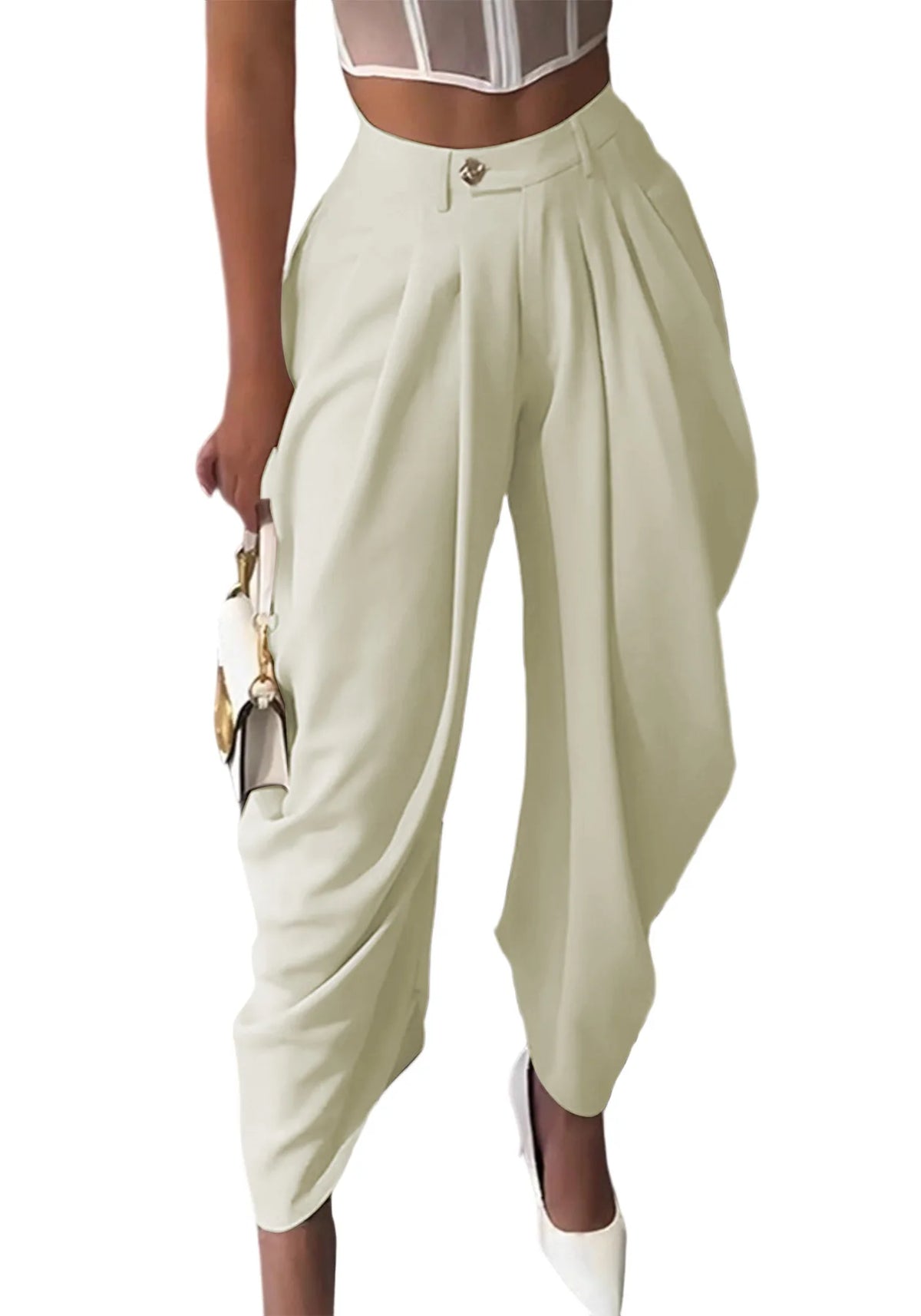 High-Waisted Pleated Wide-Leg Cropped Pants for Women – Loose Harem Skirt-Pant, Casual