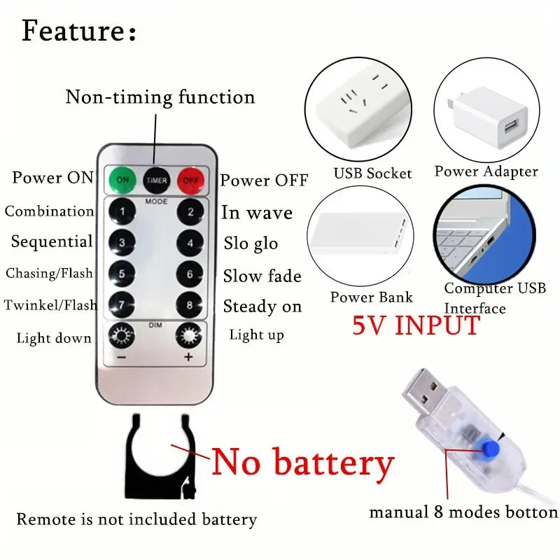 LED Fairy Curtain String Lights 3/4/6M (9.8/13.1/19.7 ft) USB Remote 8-Mode Multicolor Warm White Holiday Decor