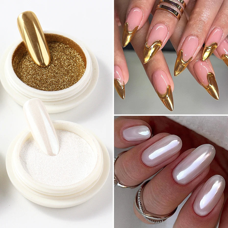 6-Pack Chrome Mirror Nail Powder Set Gold Silver Rose Gold White Holographic Aurora Iridescent Nail Art Pigments