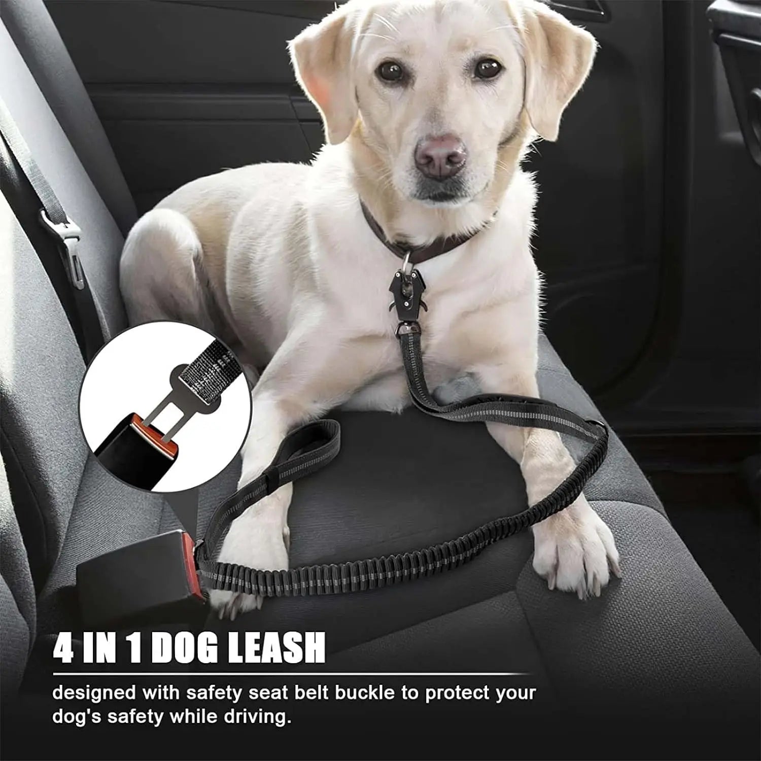 Heavy-Duty Reflective Bungee Dog Leash with Car Seatbelt - No-Pull Tactical Leash for Large Dogs, 47–70 in (120–178 cm)