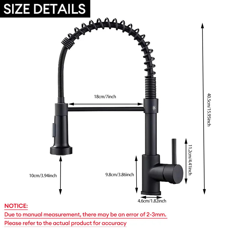 Pull-Down Spring Kitchen Faucet — Matte Black Brushed Stainless, 360° Swivel, Hot & Cold Mixer, Single-Handle Pull-Out