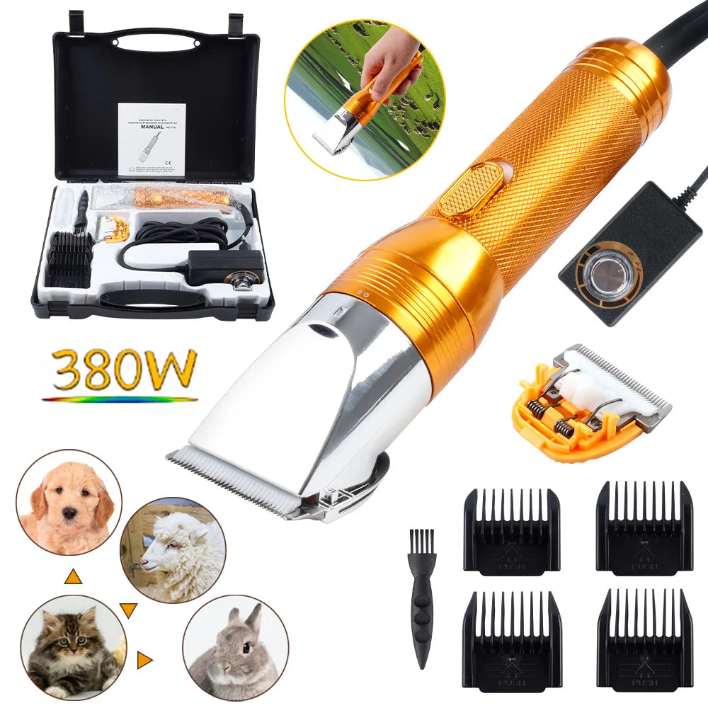 380W Electric Goat & Pet Shearer — 12V Motor Wool and Hair Trimmer, Adjustable 0.8–2.3mm (0.03–0.09in), Includes 4 Guide Combs