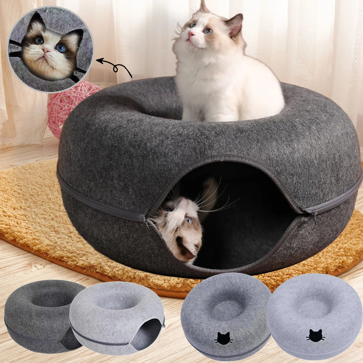 2-in-1 Felt Donut Cat Bed & Tunnel — Foldable Felt Nest with Breather Hole — M 50x50x20 cm (19.7x19.7x7.9 in) / L 60x60x28 cm (23.6x23.6x11.0 in)