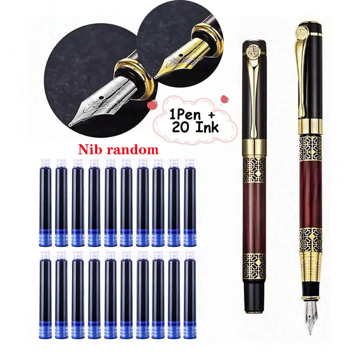Retro Metal Fountain Pen Set (1–100 pcs) with Replaceable Ink, Elegant Writing Gift for Office & School