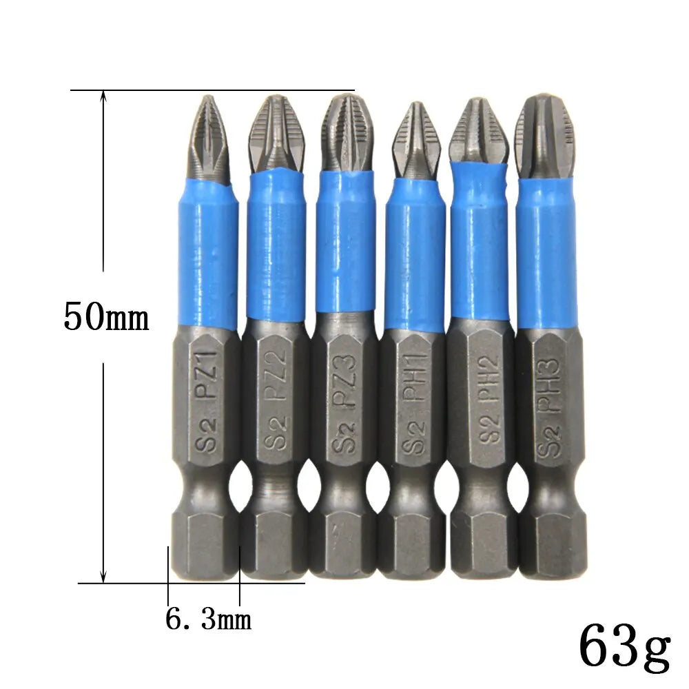 6-Piece 1/4 in (6.35 mm) Hex Shank Anti-Skid Screwdriver Bit Set for Woodworking, PH1 PH2 PH3 PZ1 PZ2 PZ3