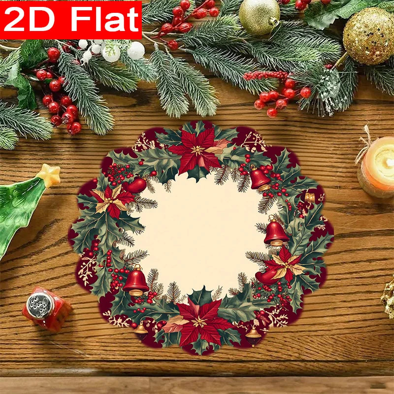 8-Pack Christmas Holiday Table Placemats 15 x 15 in (38 x 38 cm) Holly Leaf Magenta Bell Pattern