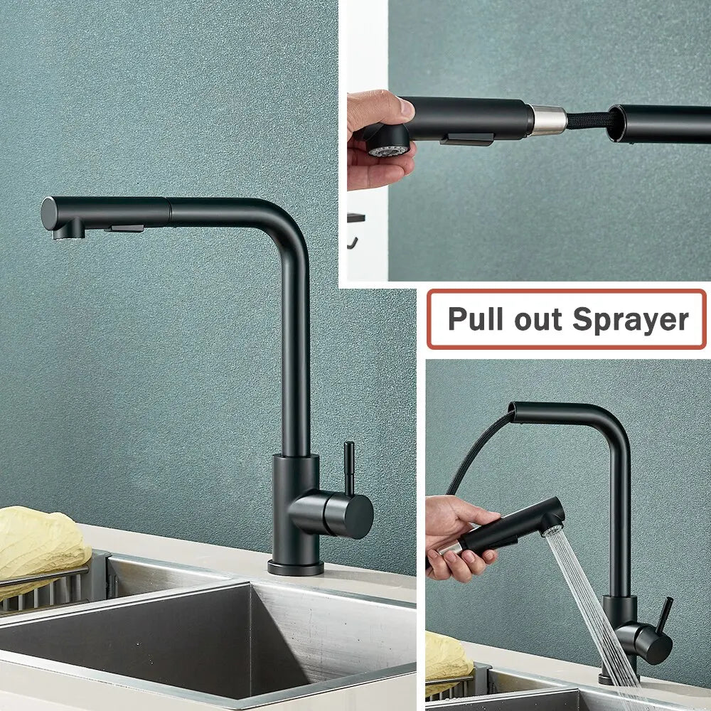 Matte Black Pull-Out Kitchen Faucet Flexible Spout 2 Modes Stream & Spray 304 Stainless Steel Deck-Mount Hot Cold Mixer