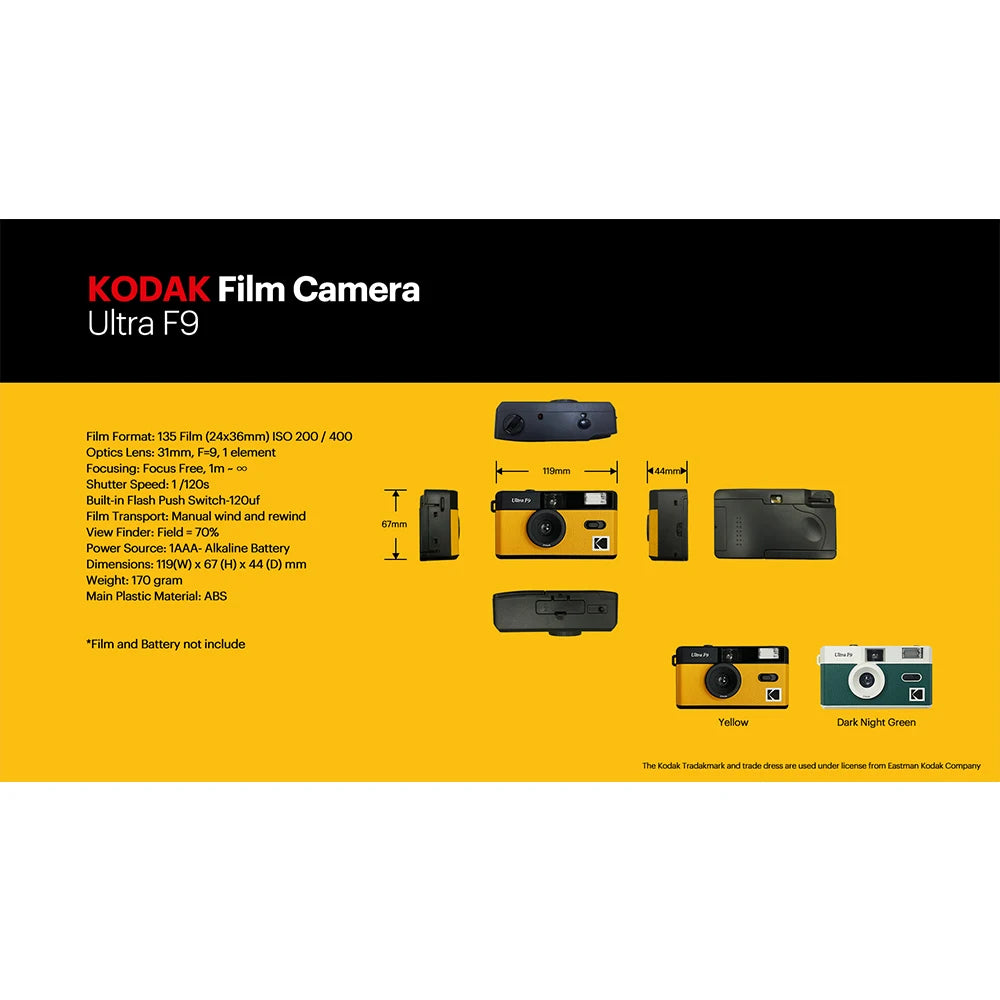 Reusable 35mm Film Camera — Classic Travel Point-and-Shoot with Built-In Flash, Yellow or Night Green