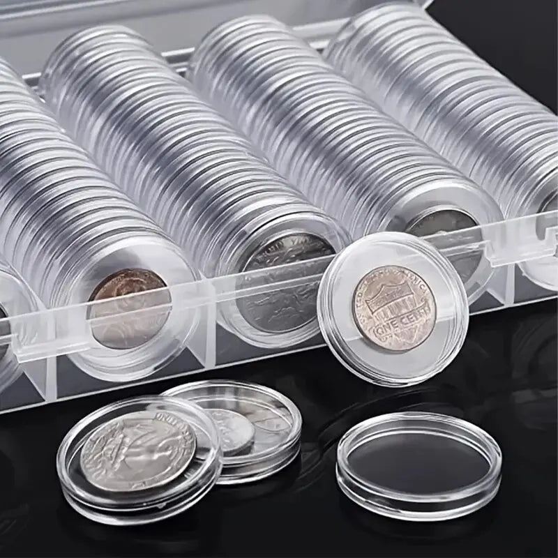 100-Pack Clear Round Coin Capsules with Storage Case, Coin Protection for Collectors and Gifts