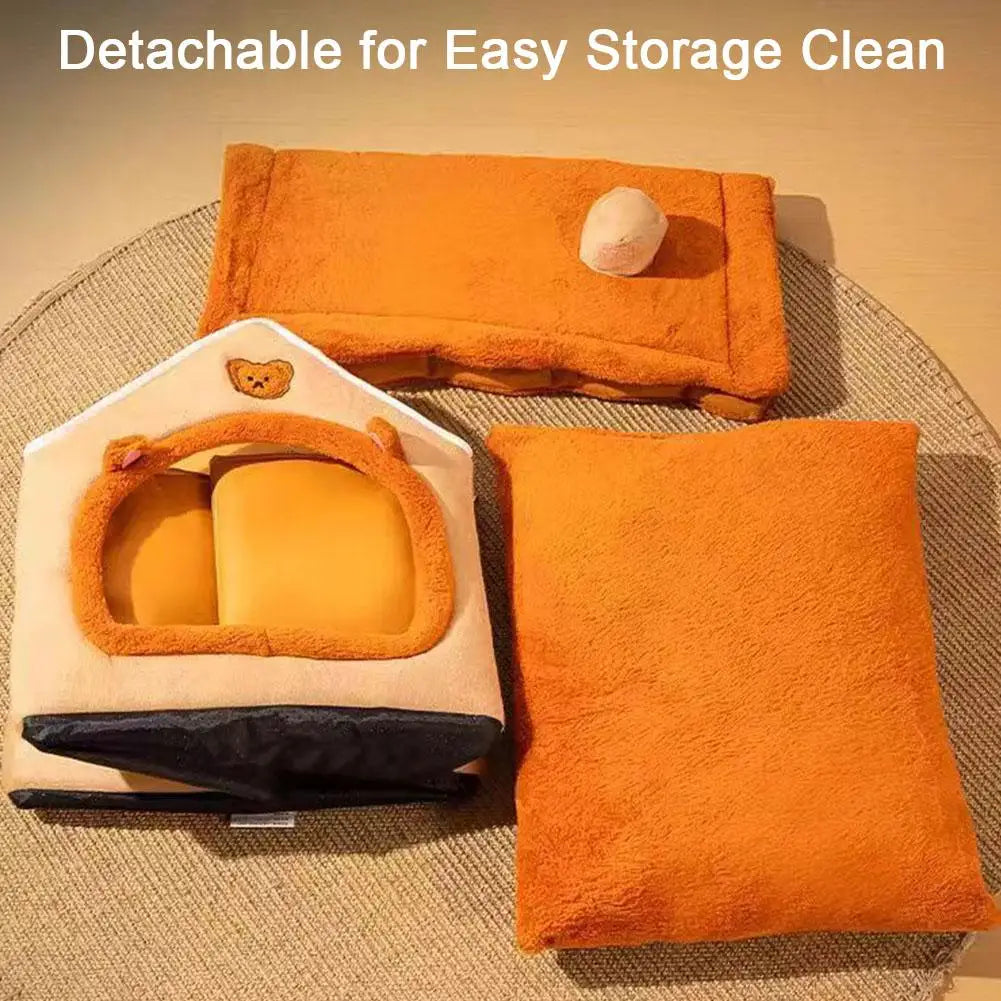 Thick Plush Semi-Enclosed Cat & Small Dog House Bed 13 x 11.8 x 12.6 in (33 x 30 x 32 cm) Removable Washable Cushion Non-Slip Base