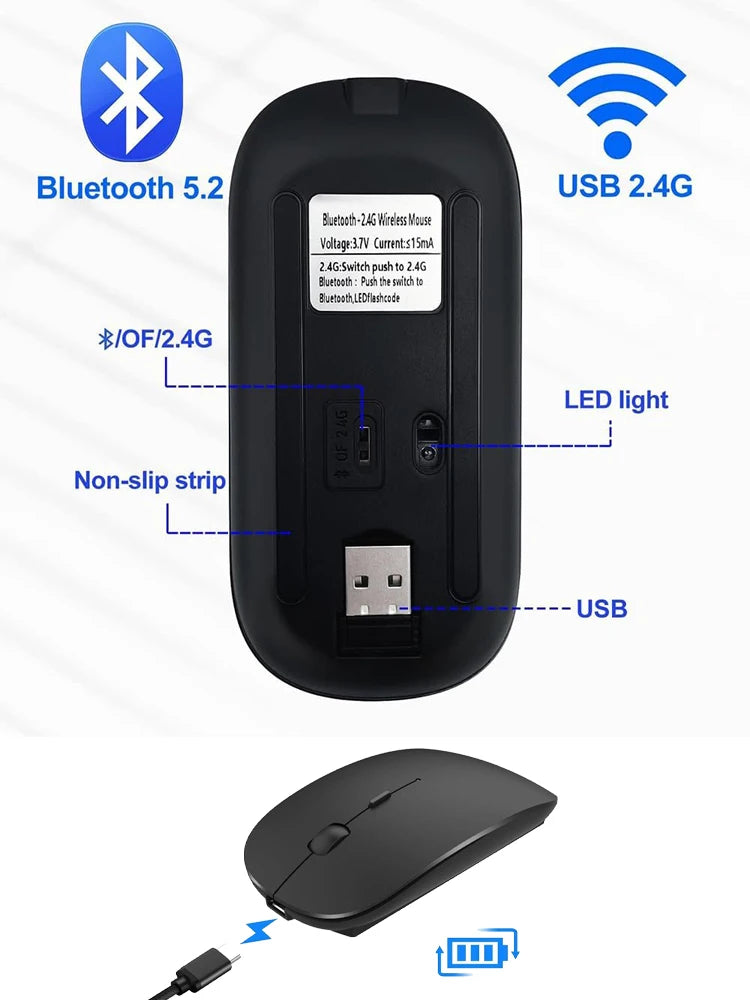 Rechargeable Silent RGB Dual-Mode Wireless Mouse Bluetooth 5.0 & 2.4GHz Optical for Laptop PC Office Gaming Adjustable DPI