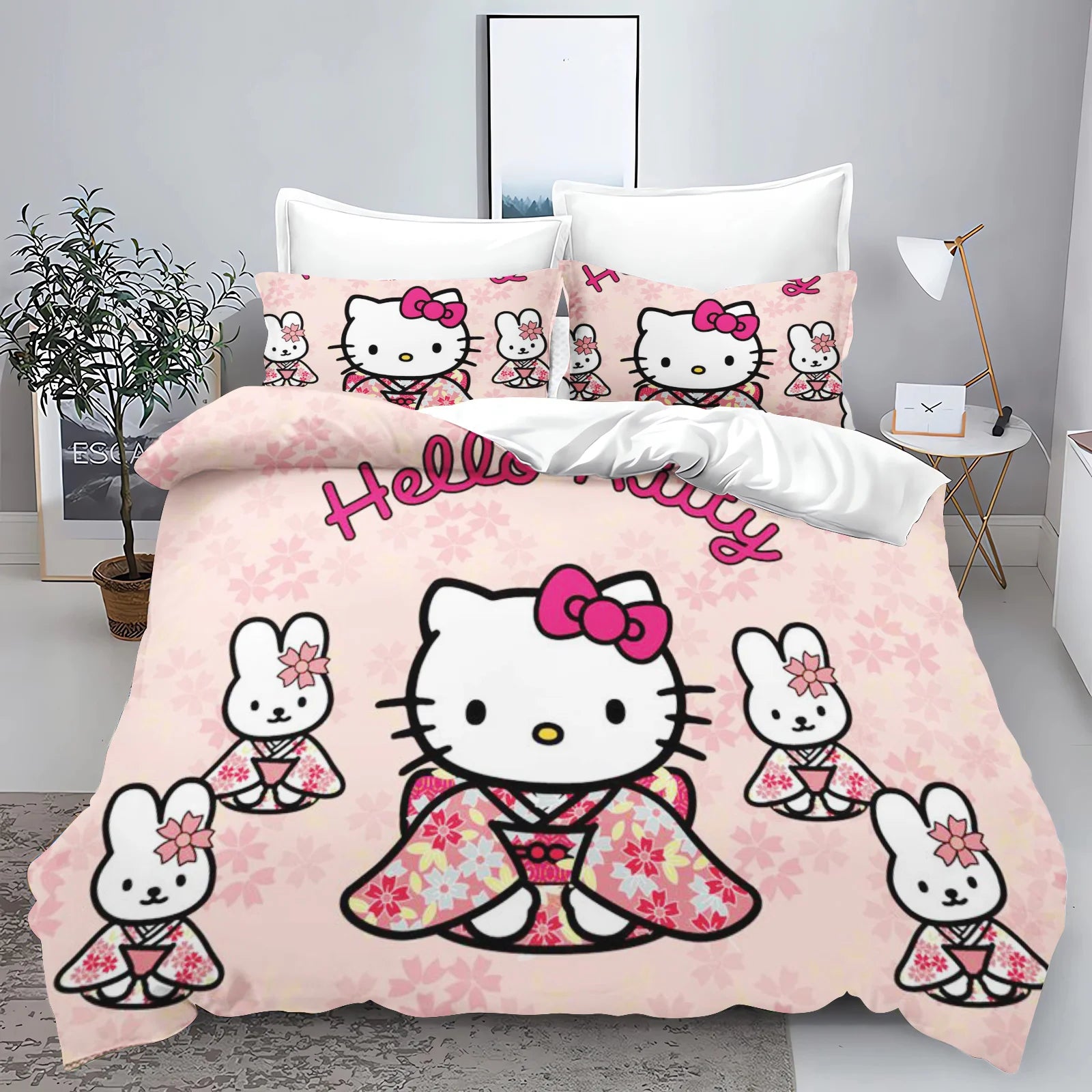 Hello Kitty Kids Bedding Set – 3-Piece Quilt Cover & 2 Pillowcases, 100% Polyester, Printed Cartoon, Multiple Sizes (Twin to King)