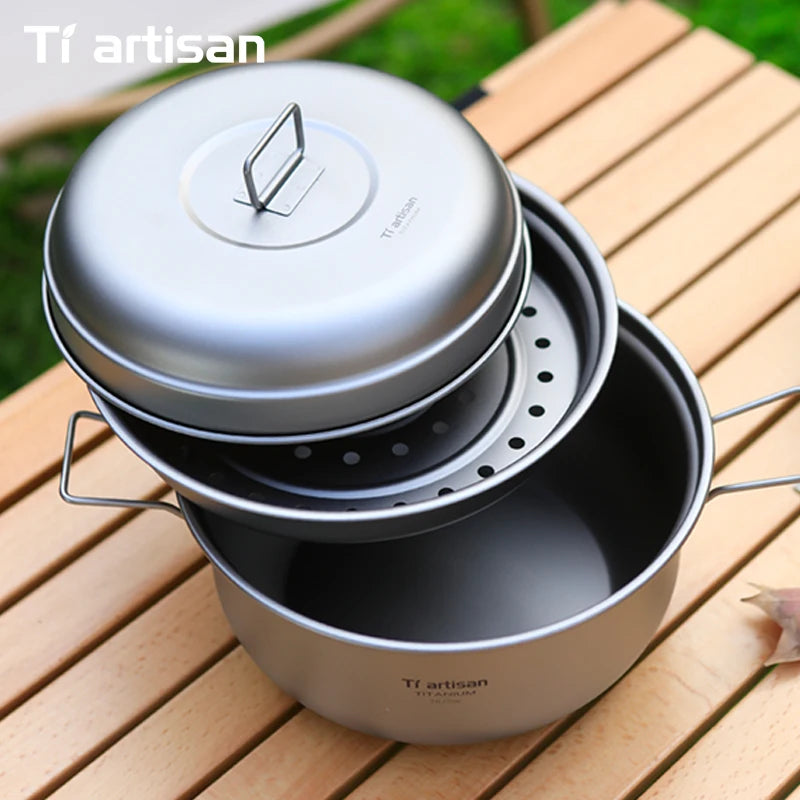 Titanium Camping Soup Pot Set 2.1L & 2.8L Lightweight Steamer with Steam Compartment - Multi-Functional Outdoor Cookware
