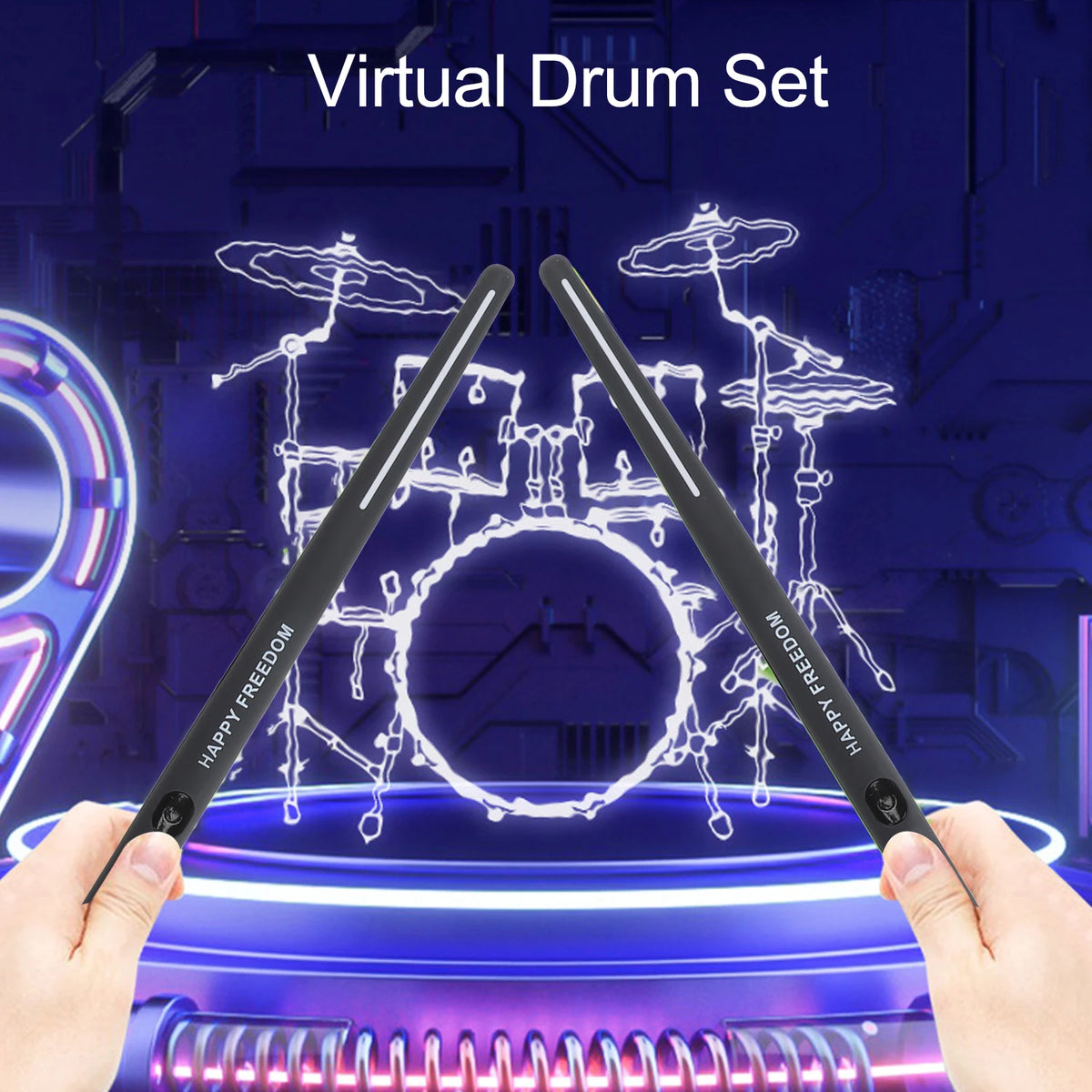 Hands playing a virtual drum set with motion-sensing drumsticks