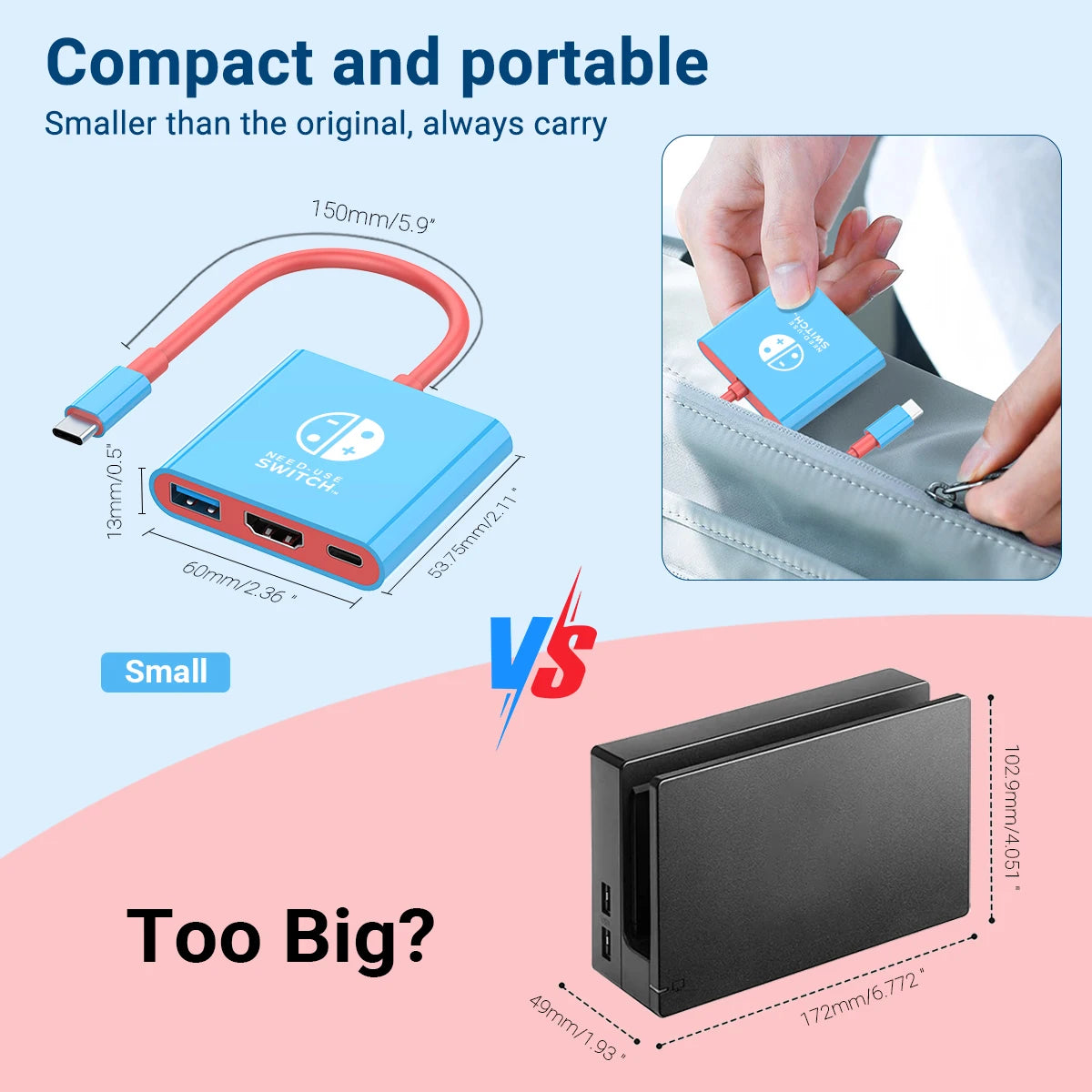 3-in-1 USB-C Hub — 4K HDMI, 100W PD Fast Charging & USB 3.0 Dock for Switch, MacBook, Laptop, Phone