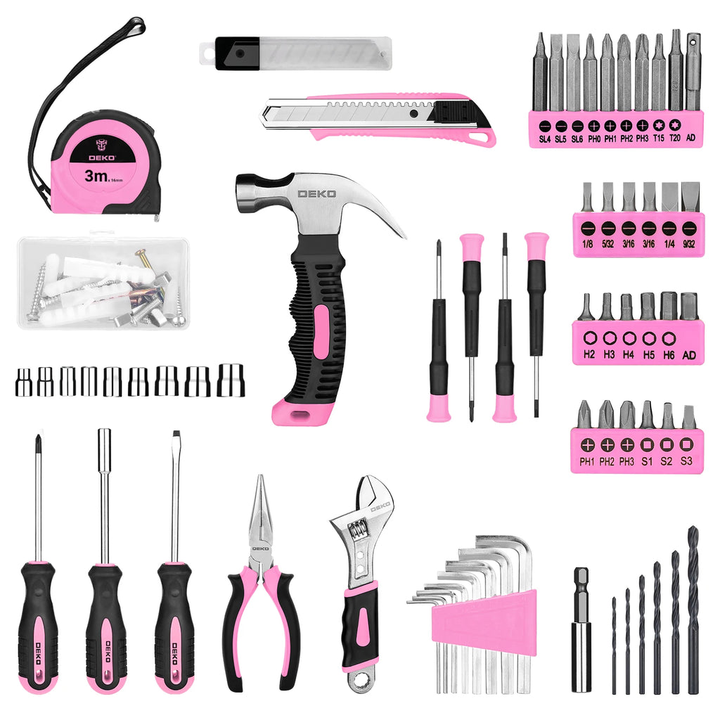 126-Piece Cordless Power Tool Combo Kit — 8V Drill with 10mm (3/8 in) Keyless Chuck, Home DIY Hand Tool Set (Pink/Yellow)
