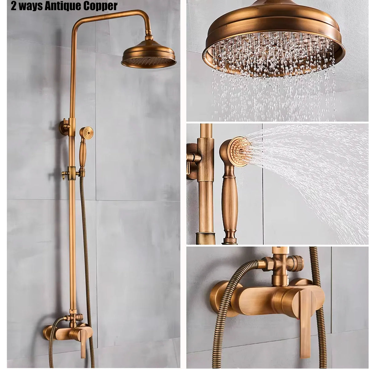 Antique Brass Wall-Mount Shower System with 8-inch (20 cm) Rainfall Head & Hand Shower, Adjustable 27.5–47.2 in (70–120 cm)
