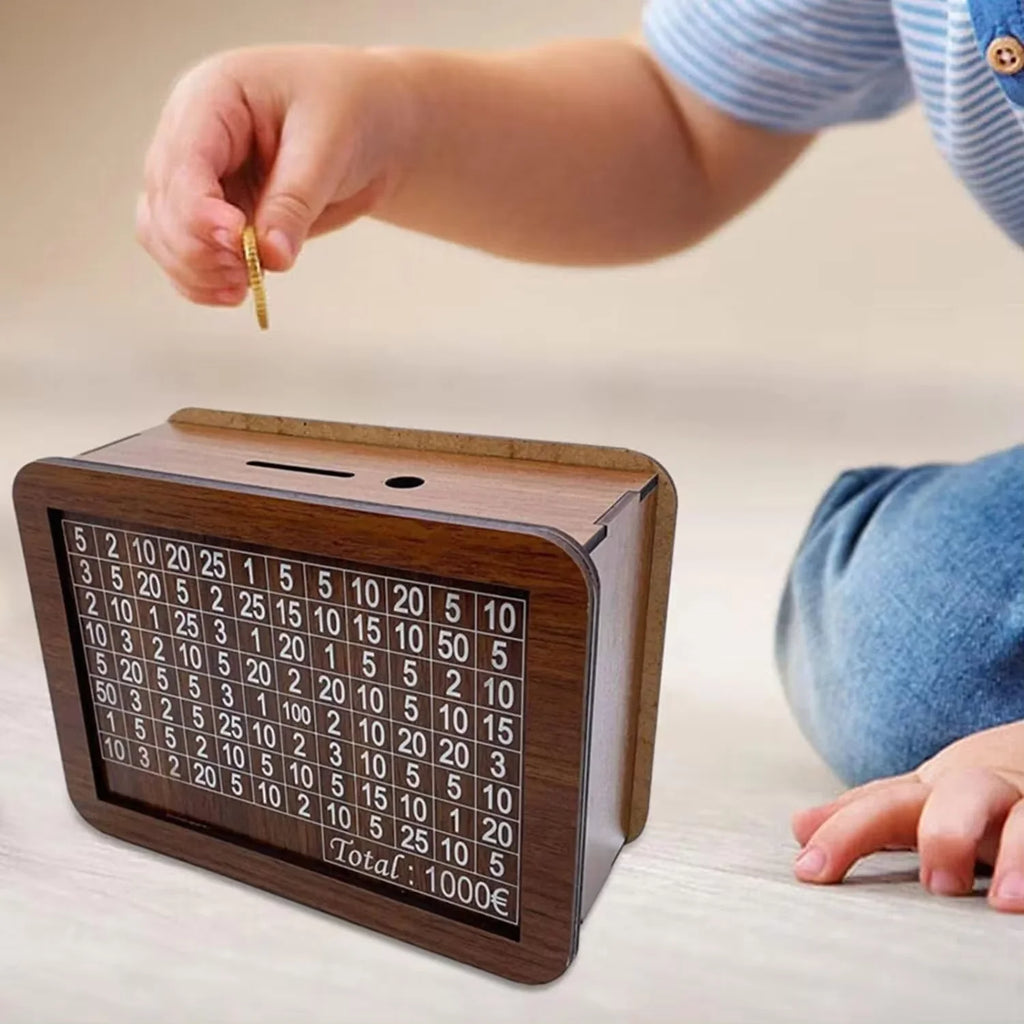 Reusable Wooden Piggy Bank Money Box with Savings Goal and Numbered Slots