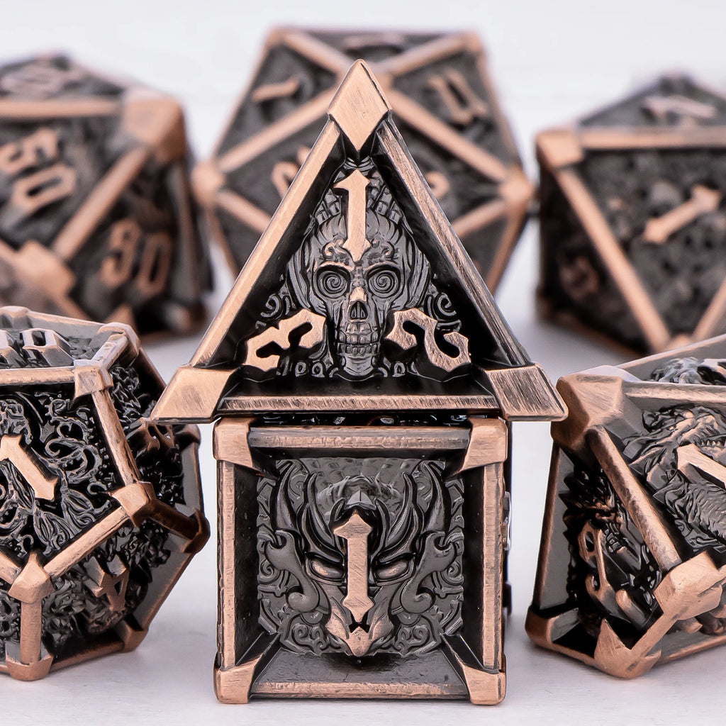 Skull and Dragon Metal Dice Set - 7-Piece Polyhedral DnD Dice for Dungeons & Dragons Tabletop RPG