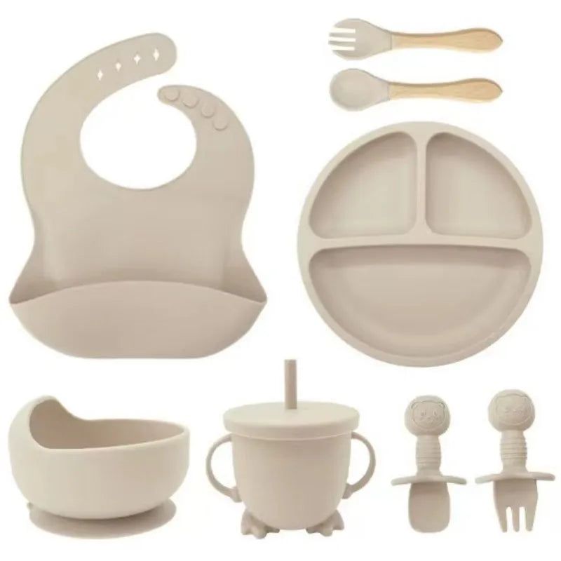 Baby Silicone Dinnerware Set 6/8-Piece with Suction Plate, Bib, Forks, Spoons, Straws & Cup – Feeding Set for Babies & Toddlers