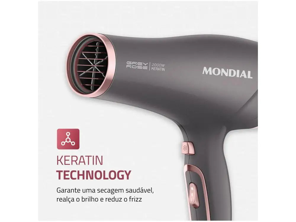 Keratin Hair Dryer 220V - Tourmaline Ionic, Ceramic Grill, Cold Shot & Concentrator Nozzle - Graphite/Rosé