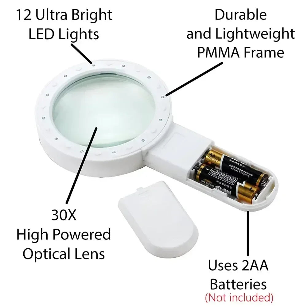 30X Handheld Magnifier with 12 LED Lights, Portable Loupe for Reading, Jewelry & Watch Repair