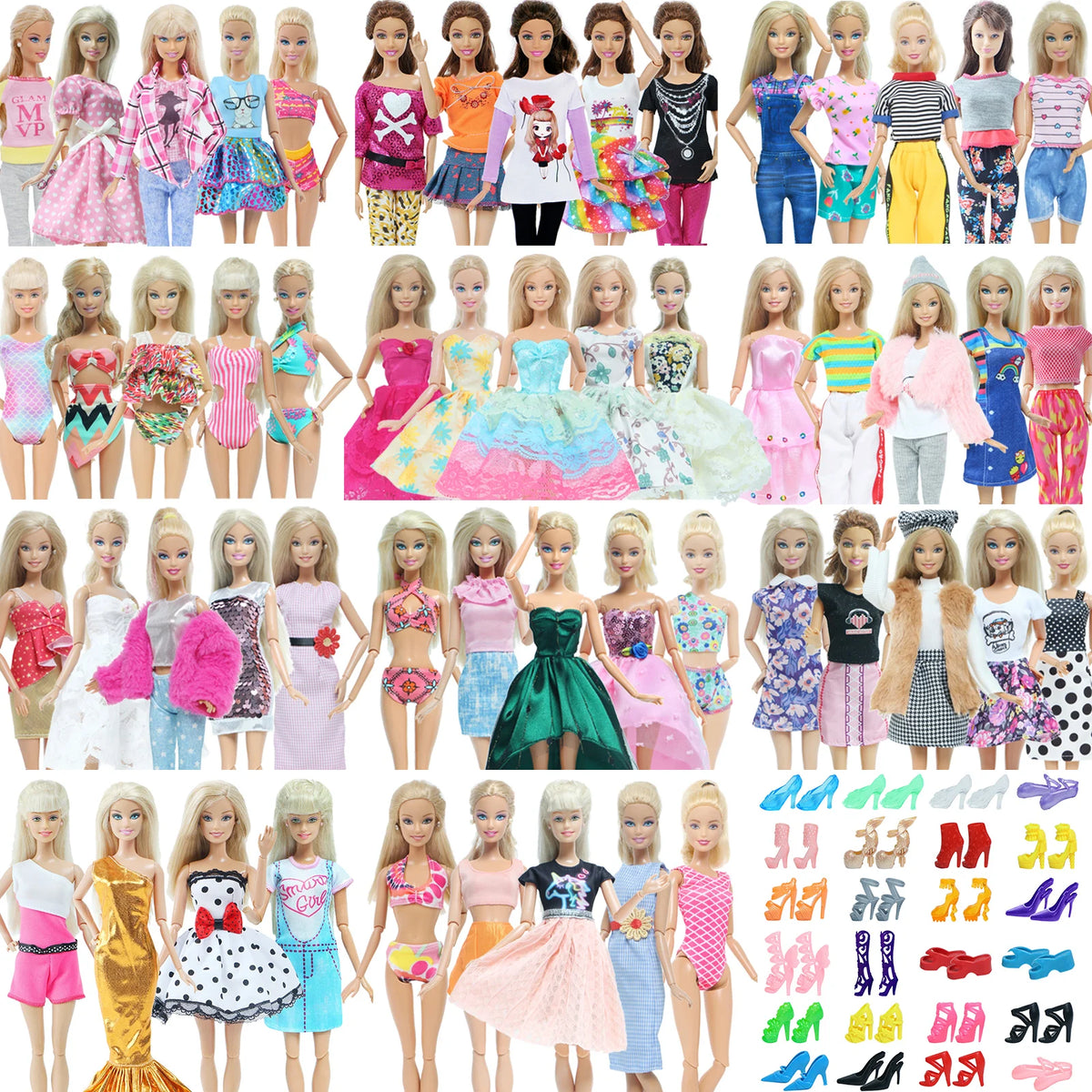 10-Piece 1/6 Scale Doll Clothes Set for 11.5–12 in (30 cm) Dolls — Dresses, Shirts, Pants & Shoes