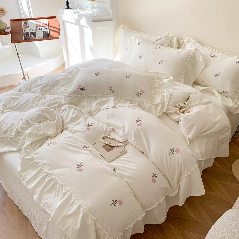 3‑Pc Rose Embroidered Duvet Cover Set with Ruffled Lace Pillowcases — Princess Bedding, Multiple Bed Sizes