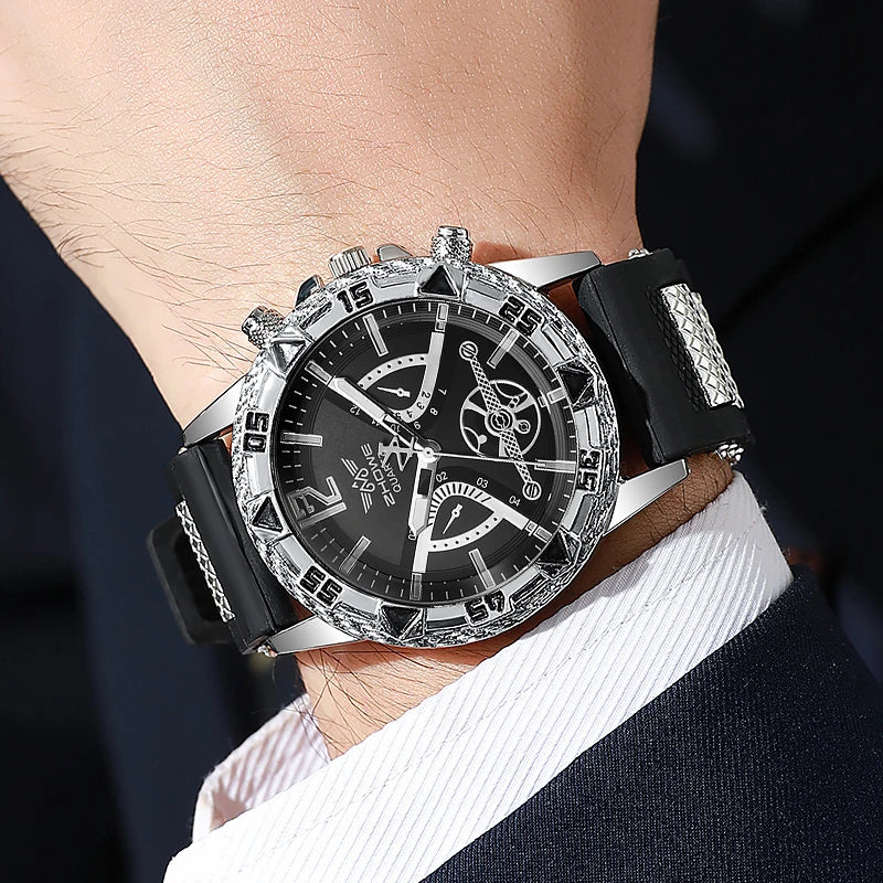 4-Piece Men's Arabic Numeral Quartz Watch Set - 45mm (1.77 in) Business Casual Wristwatch with Bracelet, Necklace & Ring