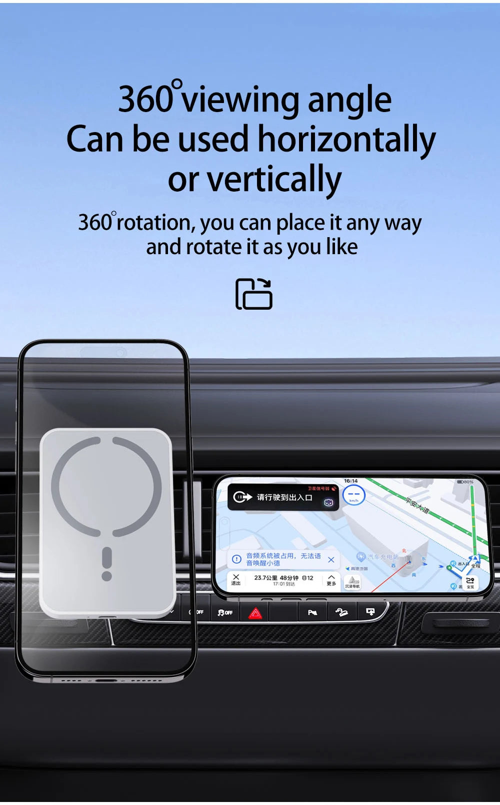 15W Magnetic Car Wireless Charger MagSafe-Compatible Air Vent Phone Holder 360° Rotating Fast Charging USB-C
