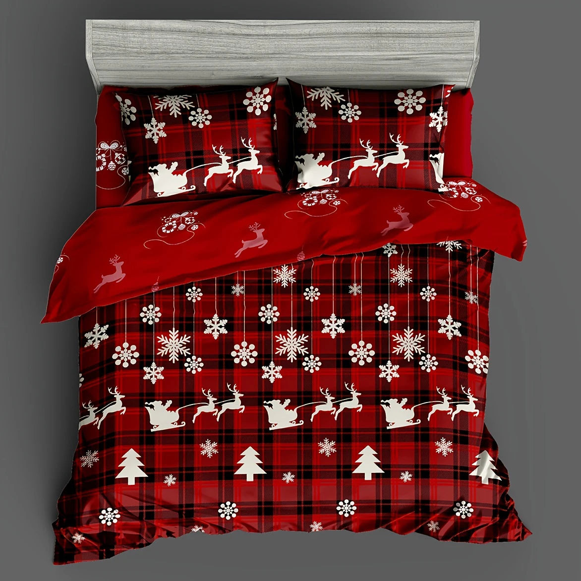 3-Piece Christmas Duvet Cover Set – Checkered Elk & Snowflake Print, Soft Breathable Hypoallergenic Polyester, Machine Washable